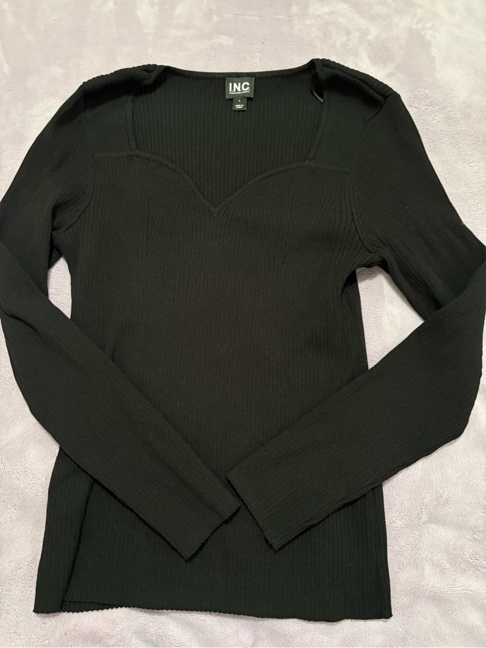 INC International Concepts Black Ribbed Long Sleeve Top